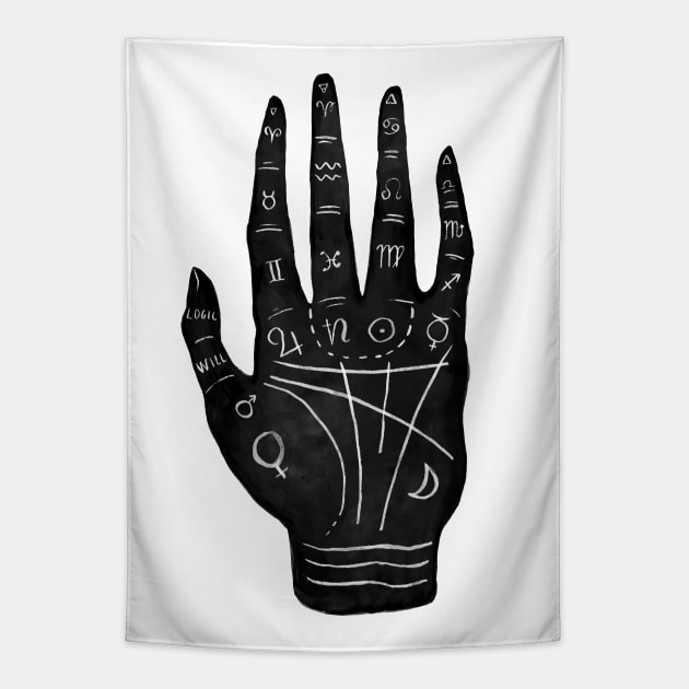 Palm Reading Chart - Black on White Tapestry by Serena Archetti