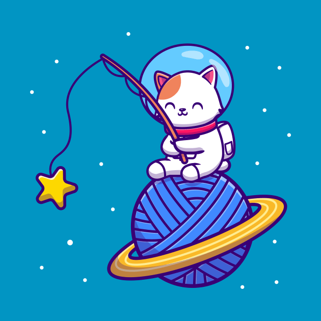 Cute Astronaut Cat Fishing Star On Yarn Wool Planet Cartoon by Catalyst Labs