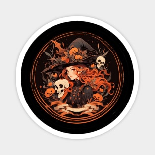 Spellbinding Whimsy: Dark Orange Witch with Skull Magnet