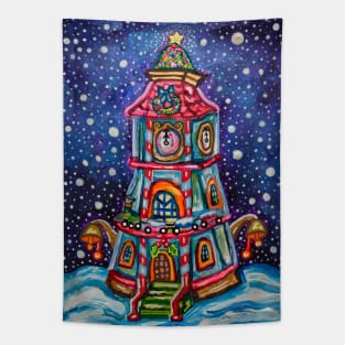 Vintage Christmas Clock Tower Painting Tapestry