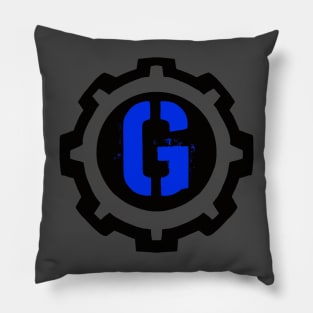 Red Letter C in a Black Industrial Cog Pillow