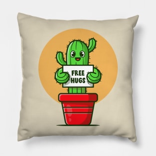 Happy Cactus Plant Holding Free Hugs Board Cartoon Pillow