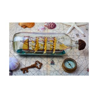 Ship In A Bottle With Old Key And Compass T-Shirt
