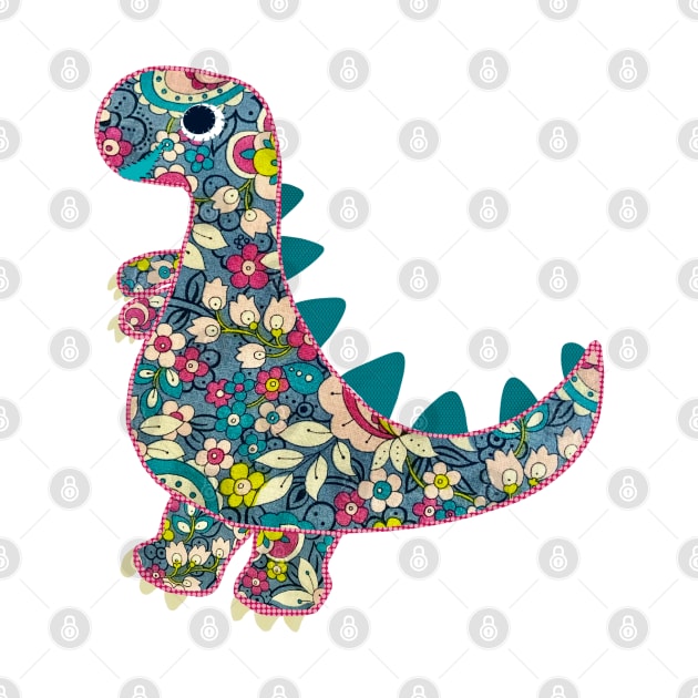 Vintage floral T-Rex Dinosaur on blue background by NattyDesigns