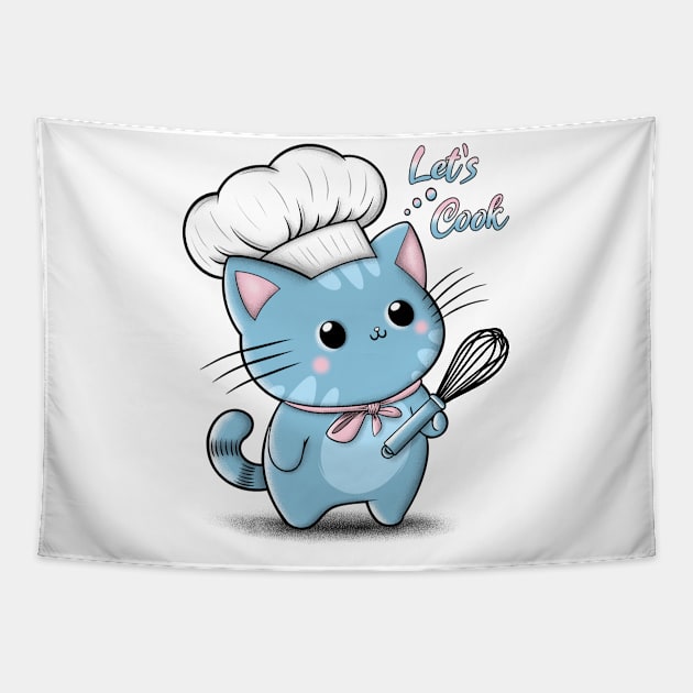 Cute cartoon chef cat with let's cook words Tapestry by ilhnklv