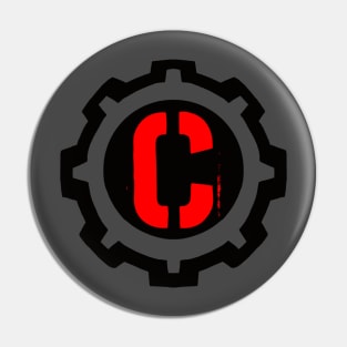 The Red Letter C in a Black Industrial Cog Pin