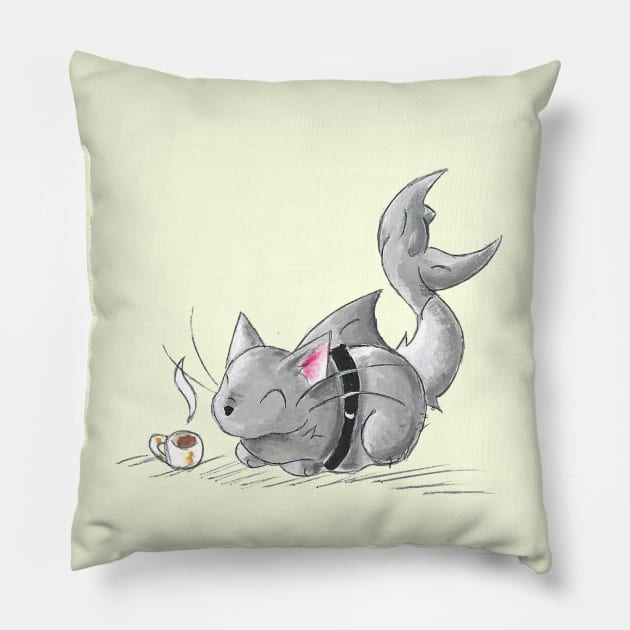 Coffee Loving Cat Shark Pillow by KristenOKeefeArt