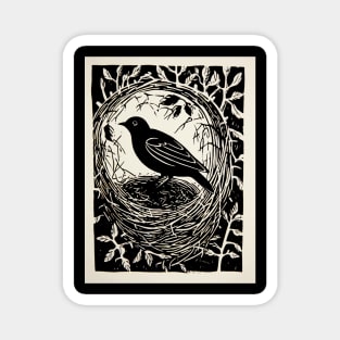Crow Bird In Nest Nature Retro Linocut Magnet