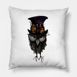 Funny Grumpy Steampunk Owl in a Steampunk Top Hat and Brass Goggles Pillow