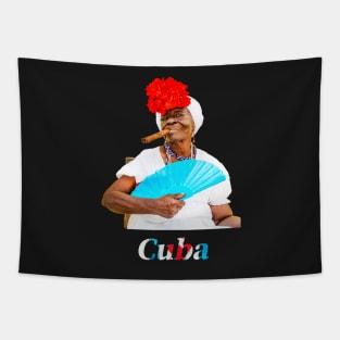 Cuban Woman With Cigar And Blue Fan Tapestry