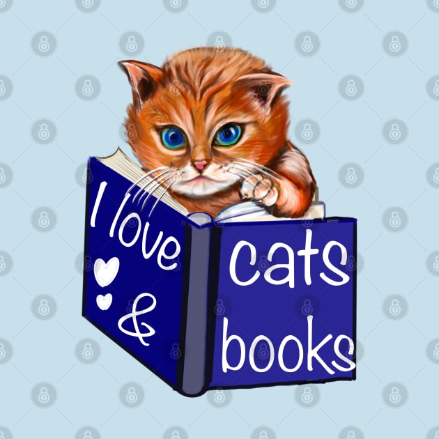 I love cats and books- blue eyed Kitten reading a book. Book Reading themed gifts for lovers of cats and books by Artonmytee