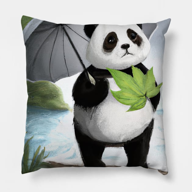 Panda with Leaf Umbrella Pillow by maxcode