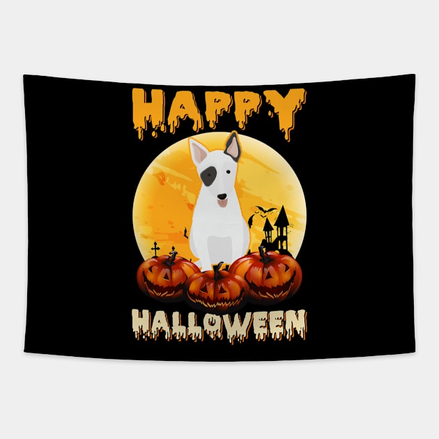 Bull Terrier Dog Scary Pumpkin Halloween Tapestry by foxmqpo