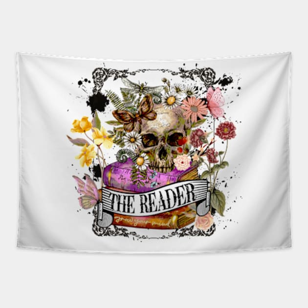 The Reader Cute Skull and Flowers Reader Bookworm Gifts 2024 Tapestry by sarcasmandadulting