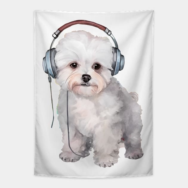 Watercolor Bichon Frise Dog with Headphones Tapestry by Chromatic Fusion Studio