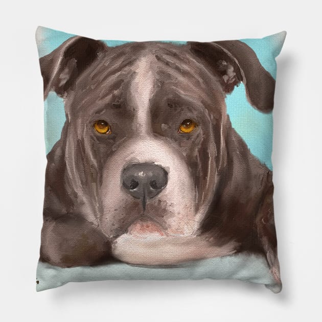 Big Tough Brown Pit Bull Lying Down and Looking at You Pillow by ibadishi