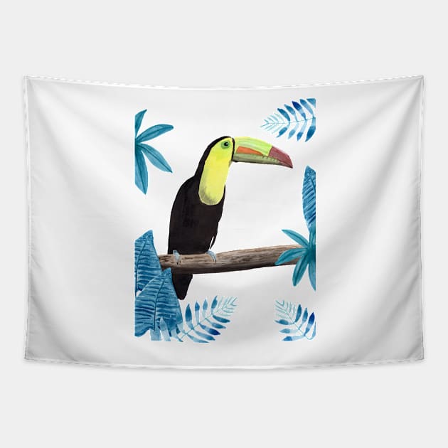 Toucan with tropical leaves Tapestry by Sandraartist