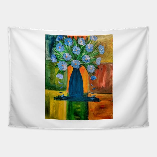 Mixed flowers in turquoise vase on a colorful tiles background Tapestry by kkartwork