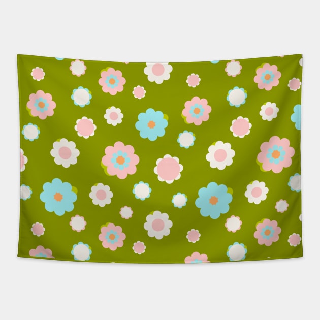 White, blue and pink flowers over green background Tapestry by marufemia