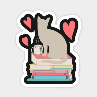 Cat silhouette coffee tea books hearts Magnet