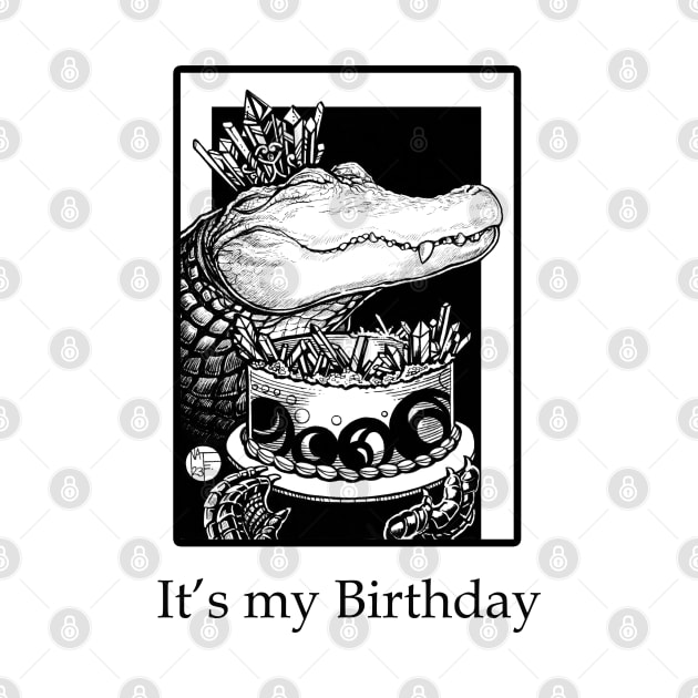 Alligator & Crystal Cake - It's My Birthday - Black Outlined Version by Nat Ewert Art