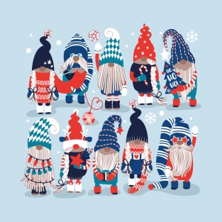 Let it gnome // spot // blue background little Santa's helpers preparing for Christmas neon red classic oxford and pastel blue dressed gnomes T-Shirt