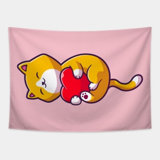 Cute Cat With Love Heart Cartoon Tapestry