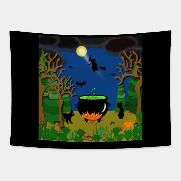 Scary, spooky, creepy, halloween with cauldron, spiders, bats, cats and a black witch on a broom stick Tapestry by designInk