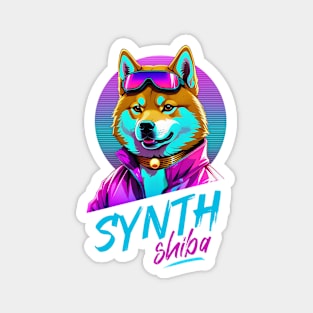 Synthwave Shiba with Cyan and Magenta Sun Magnet