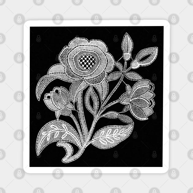 embroidery image with fabric and threads forming a stylized black and white flower branch Magnet by Marccelus