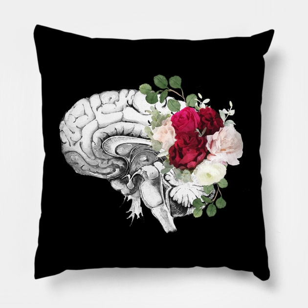 Brain human anatomy, floral, red pink roses, mental Pillow by Collagedream