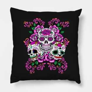 Triple Skull Pink Floral Day Of The Dead Sugar Skulls Pillow