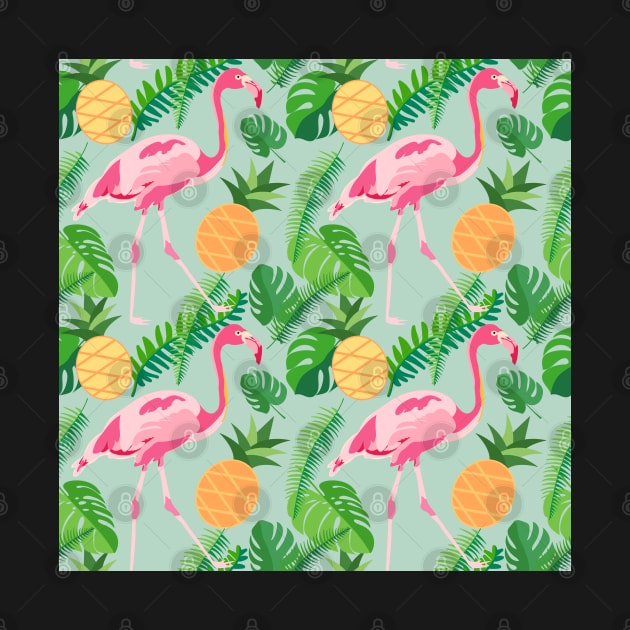 Tropical trendy seamless pattern with pink flamingos, pineapples and palm leaves by AnaMOMarques