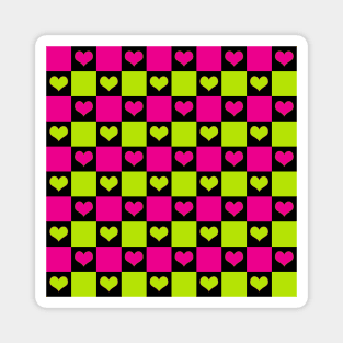 Checkerboard Hearts in Lime Green, Hot Pink and Black Magnet