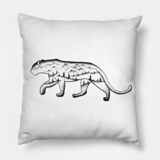 Black and white illustration of leopard with landscape Pillow