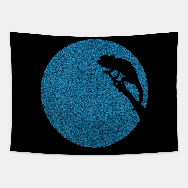Minimalistic Chameleon Silouette on distressed Light blue moon Background Tapestry by PelagiosCorner