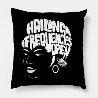 Uhura, Hailing Frequencies Open, Star Trek TOS, Starfield (dark backgrounds) Pillow