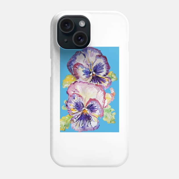 Pansy Watercolor Purple Flower Pattern on Light Blue Phone Case by SarahRajkotwala