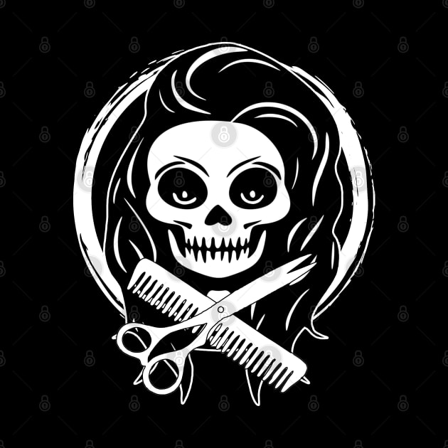 Female Hairstylist Skull and Hairdressing Tools White Logo by Nuletto