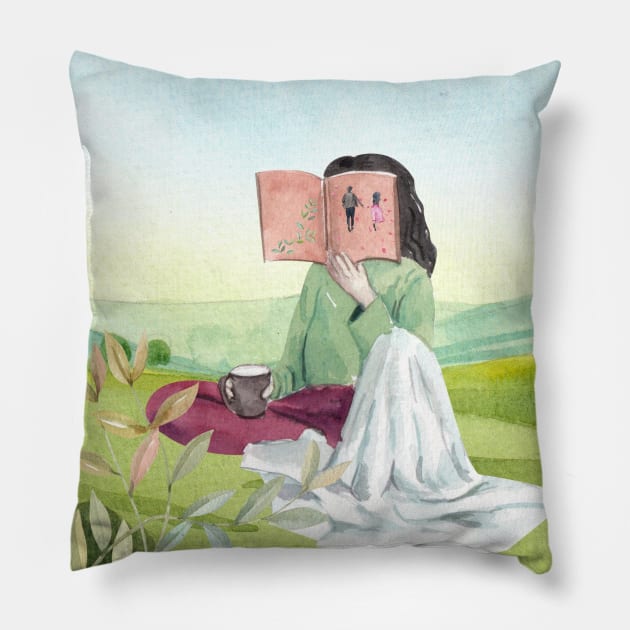 In Magic Nature, a Relaxed Girl Reads Pillow by Martsy