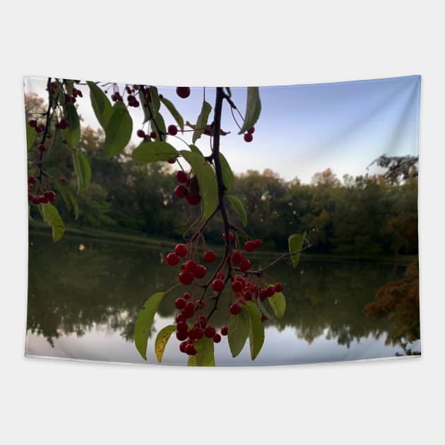 Red Berries Against a Peaceful Pond - Tomahawk Creek Pond Overland Park KS Tapestry by Zen Goat 