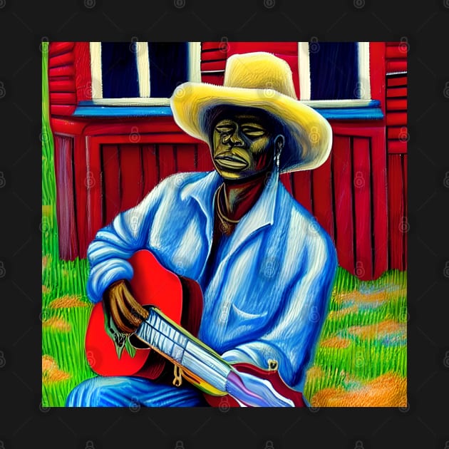 An artistic impression of a blues musician from the Mississippi delta playing guitar. by Musical Art By Andrew