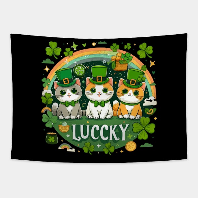 Lucky cute three Cat, cute cat illustration, Tapestry by PetPawsPlay