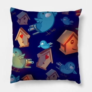 Soulful Blue Canaries and Glowing Birdhouses Hearts Bluebirds Pillow