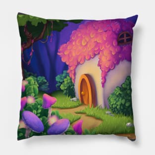 Fairytale house in magic forest. Illustration Pillow