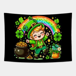 A cute Irish Lad dancing an Irish jig celebrates St Patrick's Day with a rainbow pot of gold and shamrocks Irish Pride Irish American four leaf clovers Irish dance Tapestry