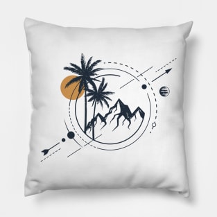 Palms And Mountains. Travel. Geometric, Line Art Style Pillow