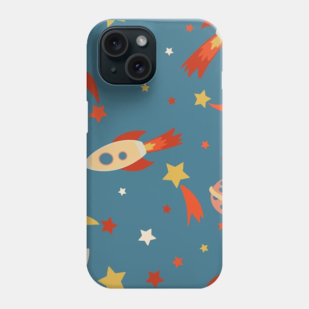 Retro Rocketship Racers repeat pattern on blue background Phone Case by NattyDesigns