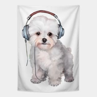 Watercolor Bichon Frise Dog with Headphones Tapestry
