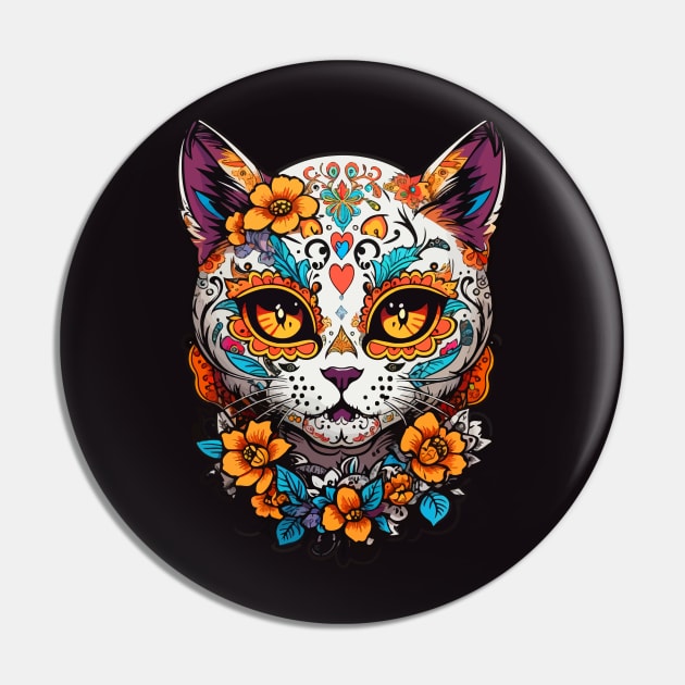 Cat Sugar Skull Halloween Pin by CatCoconut-Art